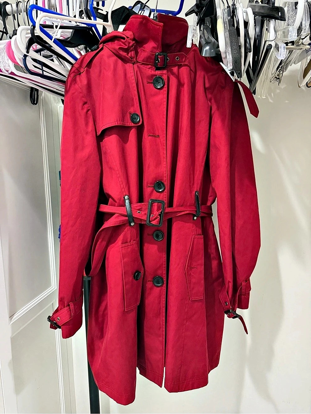 Michael Kors Lined Hooded Belted Trench Coat Red Women’s XL Winter Formal office